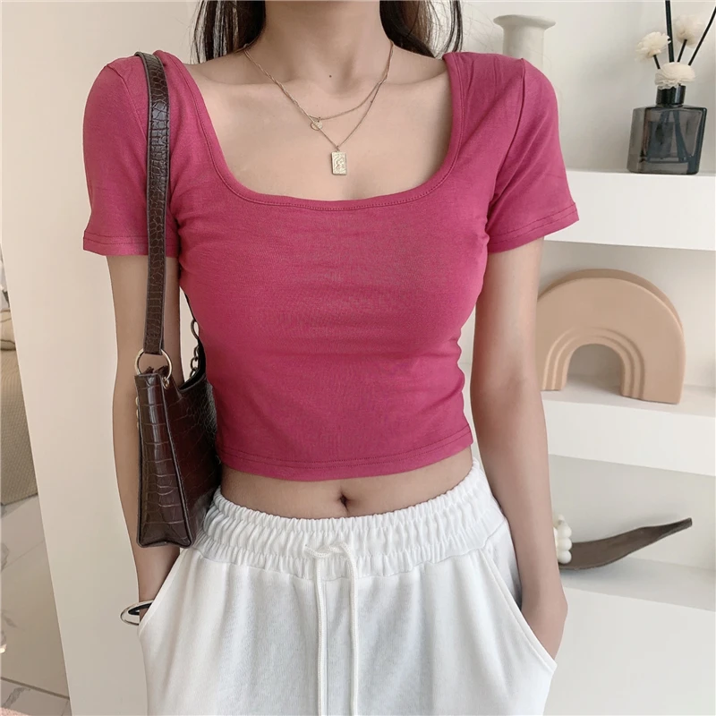 

Женская футболка с квадратным вырезом, коротким рукавом и коротким рукавом