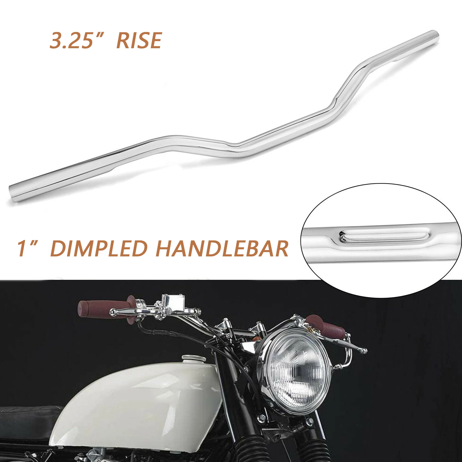 

Универсальная бесшовная труба для руля Harley-Davidson Honda Yamaha Suzuki Kawasaki 1 ”, 3,25" Rise Triple Chrome Dimpled