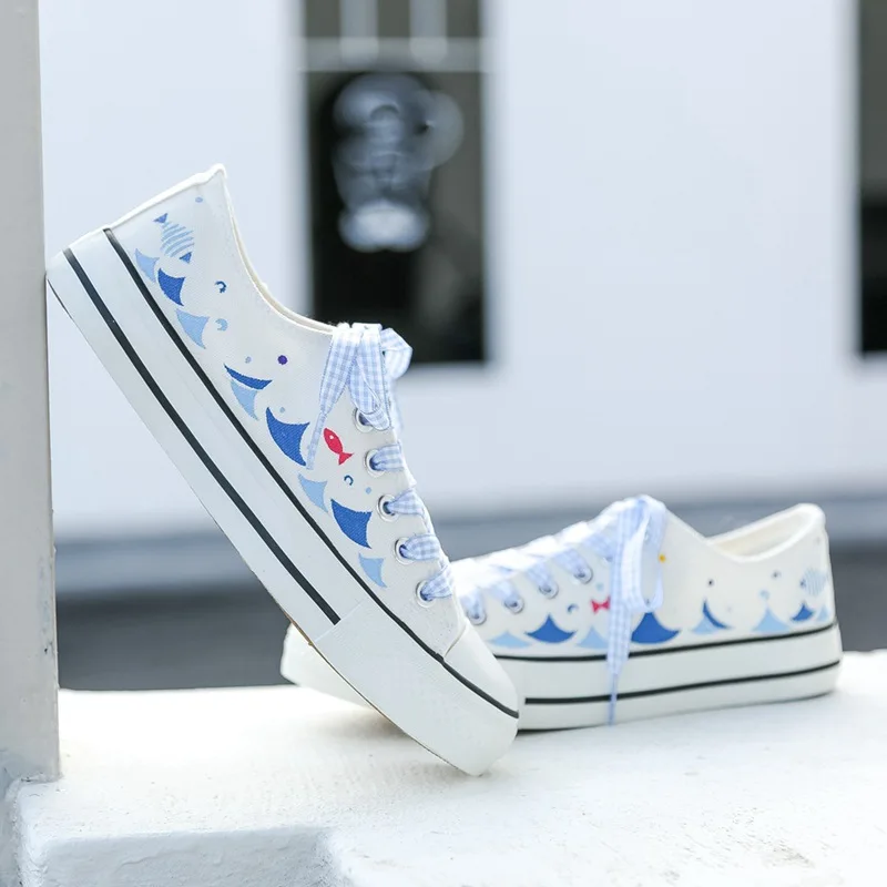 Женские холщовые туфли с принтом плоская подошва высокие Вулканизированная