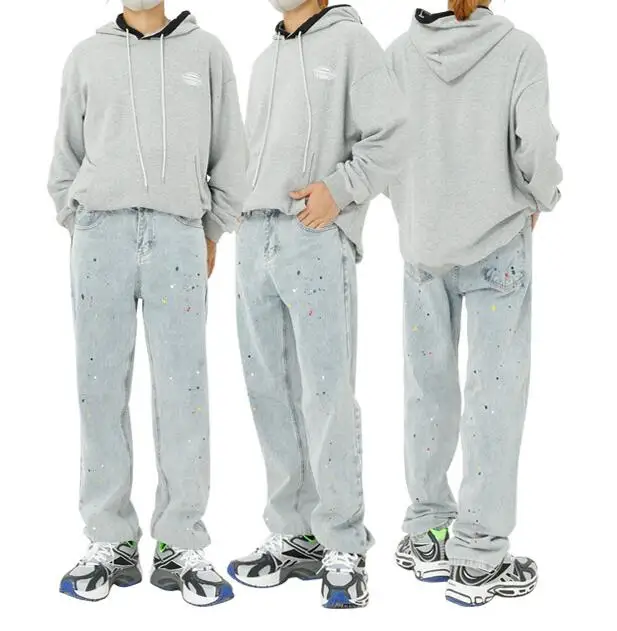 Hip Hop Paint Splashed Jeans Loose Straight Jeans Male Youth Hip Hop Retro Hole Jeans Straight Pants