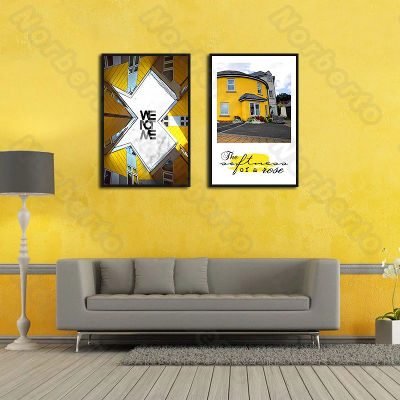 

Modern Fashion Style Canvas Painting Wall Poster Yellow Architectures Letters Enjoy Life In The Art City for Home Rooms Decorati