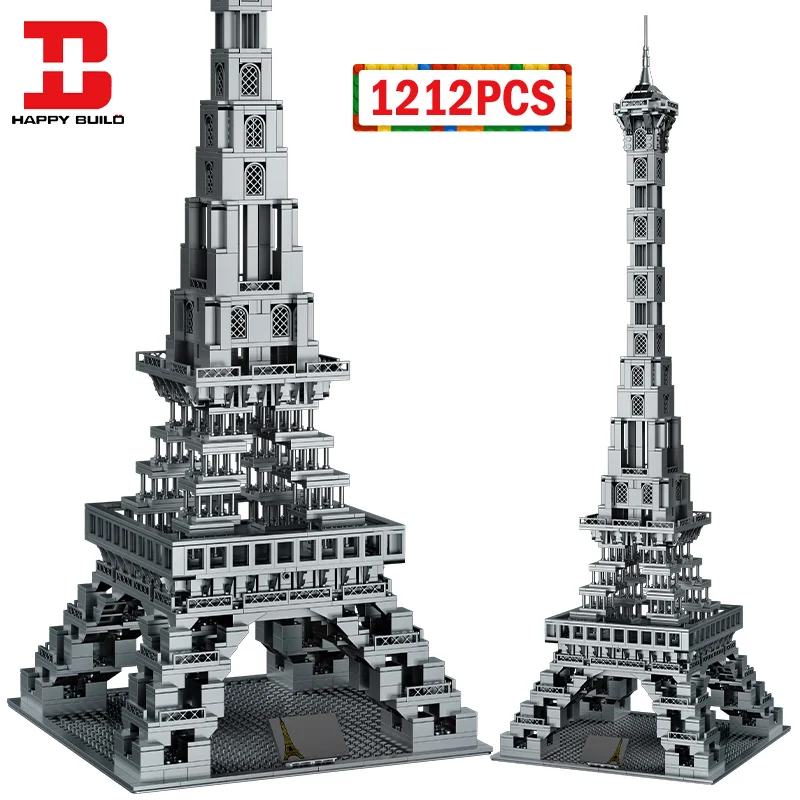 

Happy Build 1212pcs World Famous Architecture Eiffel Tower Building Blocks MOC City Street View Bricks Toys For Children