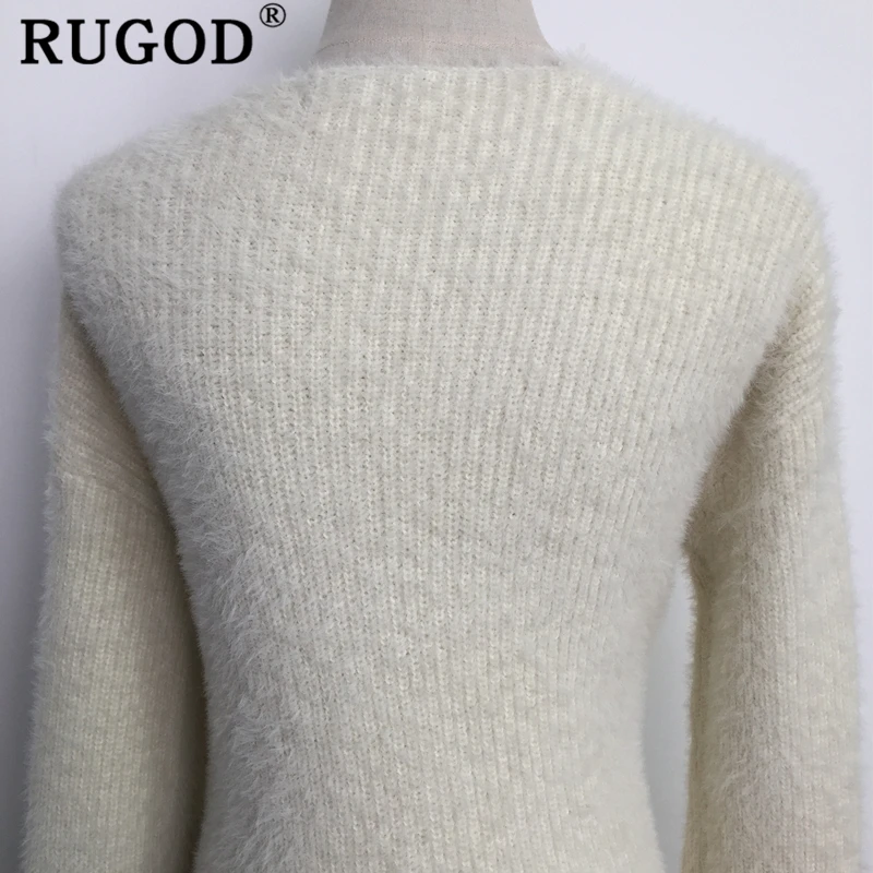 RUGOD Новое корейское кашемировое платье-свитер с поясом женское модное офисное вязаное платье с v-образным вырезом зимнее теплое плотное платье