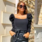 Новая Осенняя короткая футболка с квадратным воротником, Женская Футболка с рукавами-фонариками в стиле ретро, облегающий сексуальный топ для фитнеса, футболки