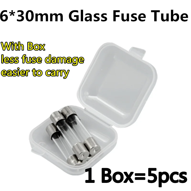 

5pcs/Box 6x30mm Glass fuse 0.1A 0.2A 0.25A0.5A 1A 2A 3A 4A 5A 6A 6.3A 8A 10A 15A 20A 25A 30A 250V 6*30mm fuse tube 6x30 6*30