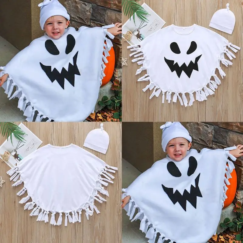 

Toddler Kids Baby Halloween Cosplay Costume White Ghost Cloak Tassels Batwings Poncho Cape with Beanie Hat Oufits 2-6T