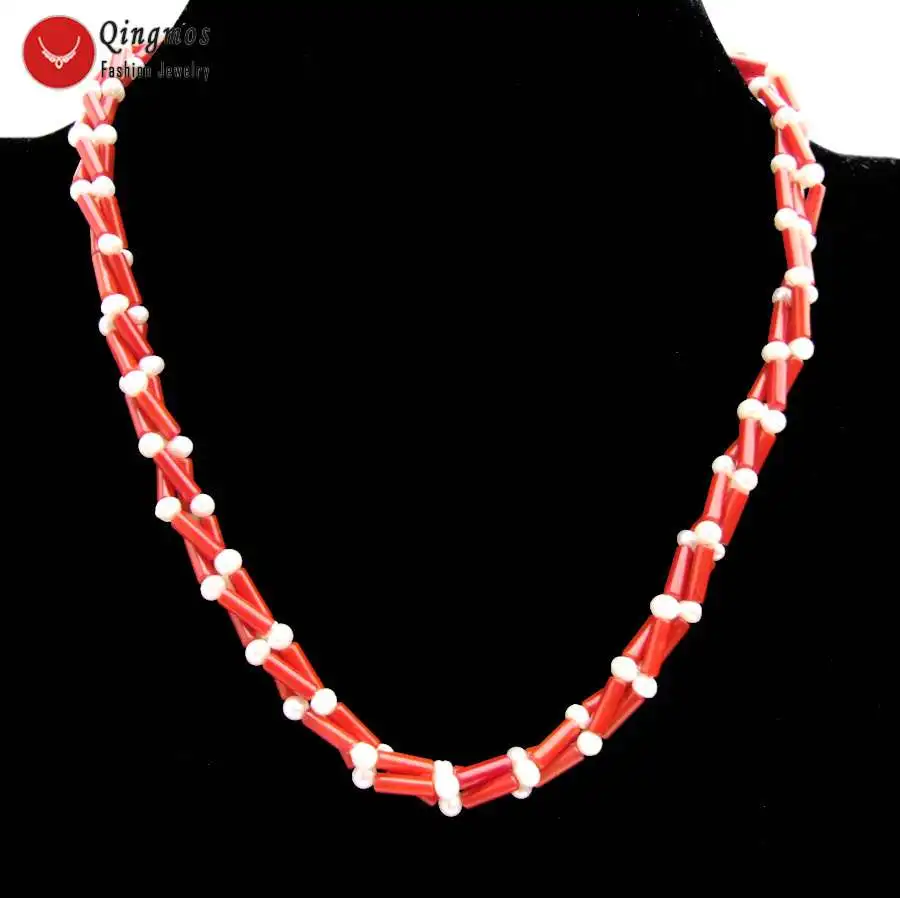 Qingmos Natural 3*9mm Thick Slice Red Coral Necklace for Women with 4mm Round White Pearl Jewelry 3 Strand Chokers 17'' | Украшения