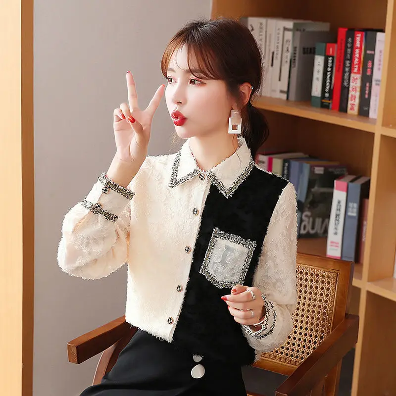 Vintage Patchwork Women Blouse Autumn Elegant Long Sleeve Korean Fashion Casual Turn-Down Collar Female Shirts Streetwear Warm