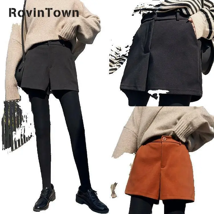 

Autumn&Winter Woolen Black Gray Women Thick Shorts Wide Leg High Waisted Korean Style Casual Shorts Free Shipping 2020