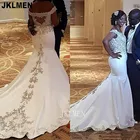 Русалка свадебное приемное платье атласная Золотая аппликация с открытыми плечами Труба Свадебное платье CT029