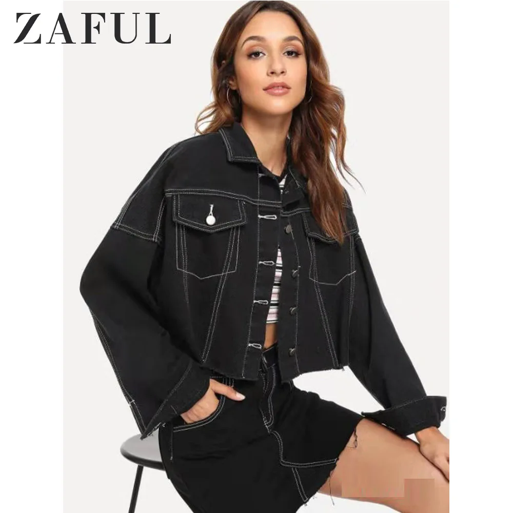 ZAFUL укороченная джинсовая короткая куртка с контрастной строчкой для женщин