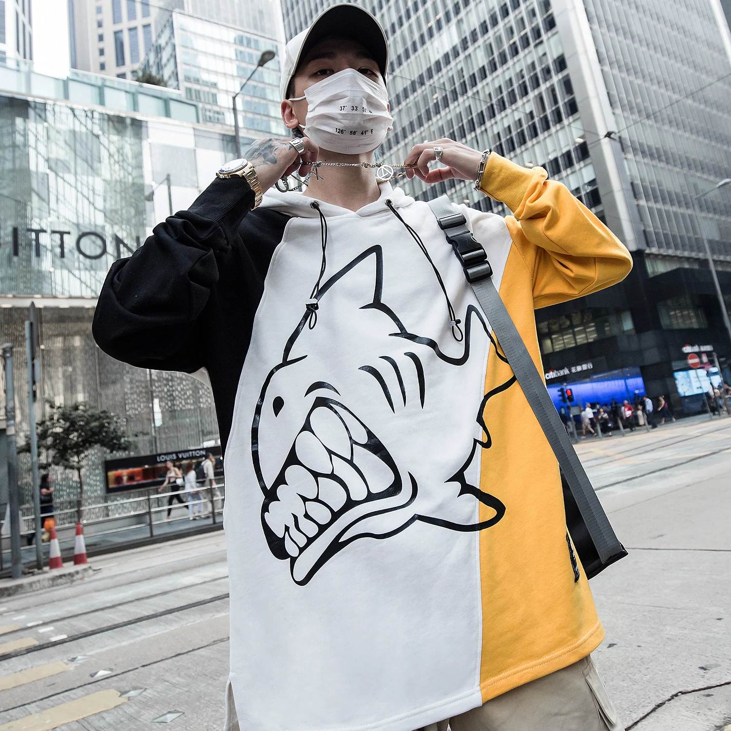 Aelfric Eden мужские толстовки с капюшоном в стиле пэчворк принтом акулы Harajuku