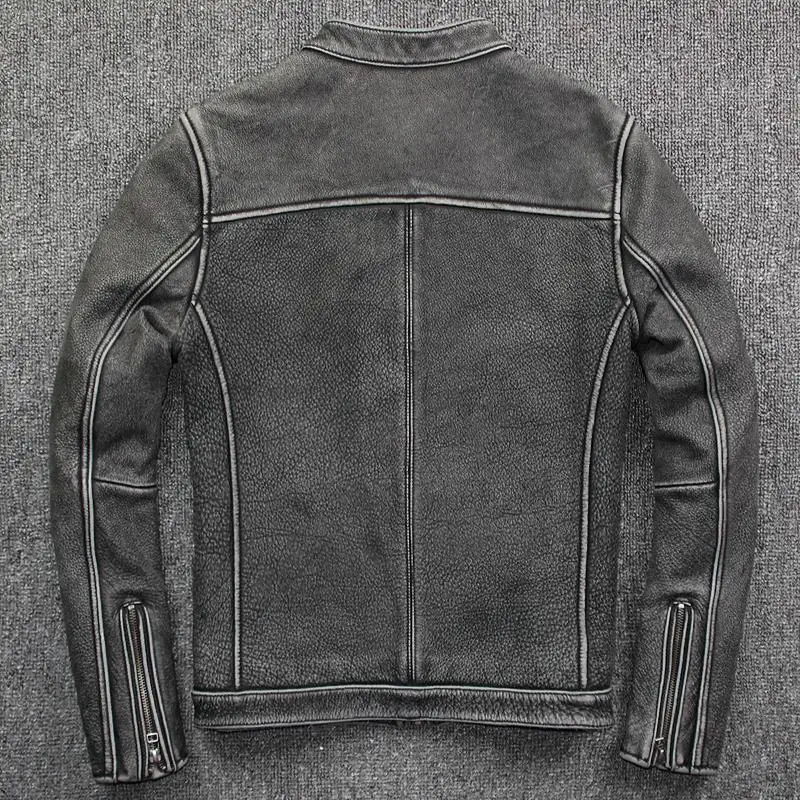 Мужская короткая куртка из натуральной воловьей кожи Серый жакет в винтажном