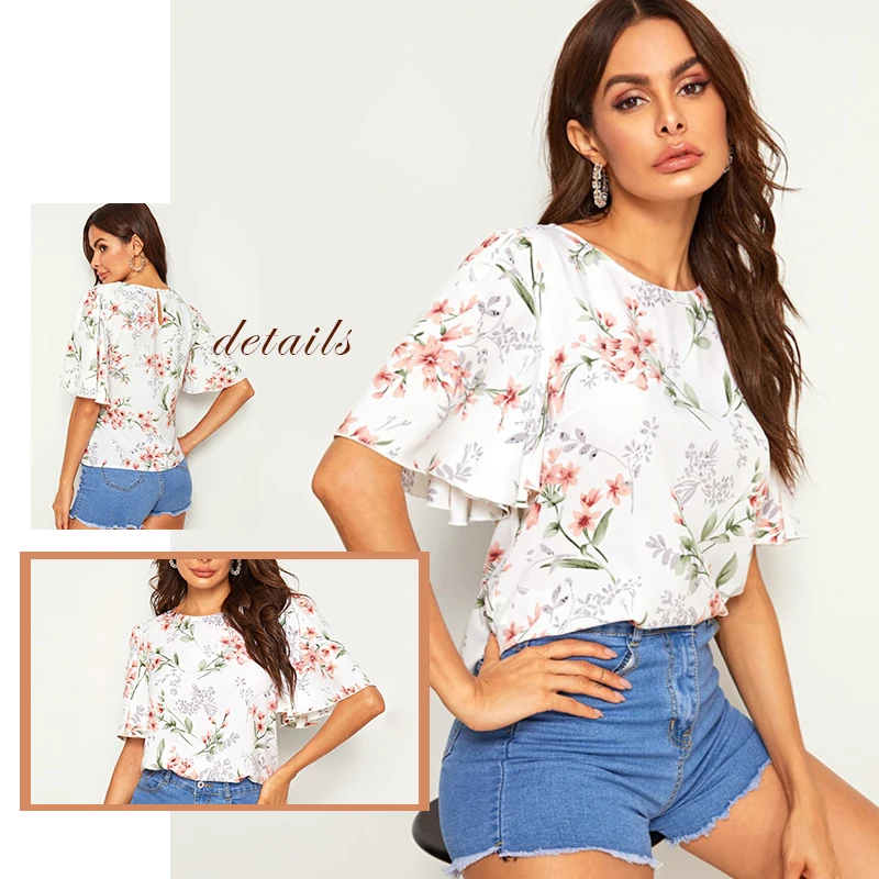 Sheinside/Повседневная Блузка с цветочным принтом и рукавами-рюшами для женщин, лето, белый рукав-волан, блузки для женщин, топ с вырезом на спине