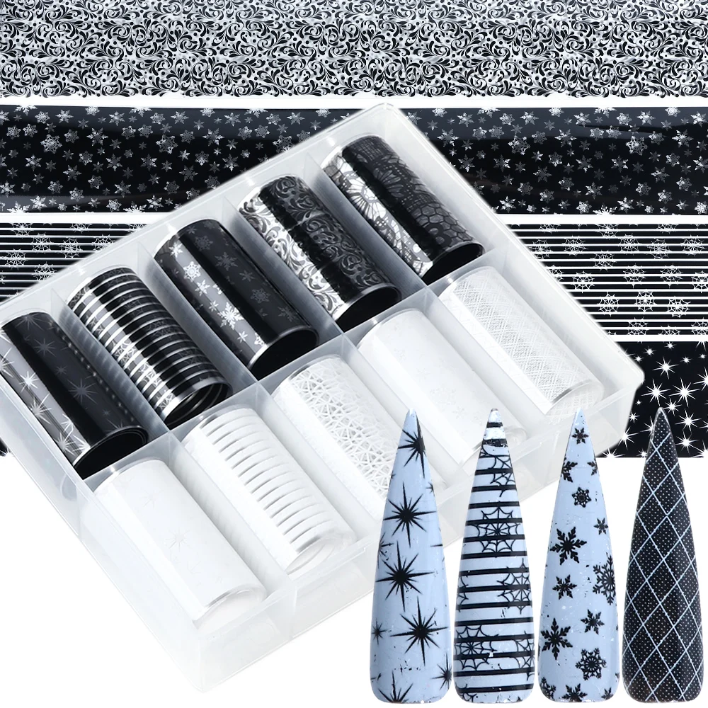 10 шт./лот черно белые наклейки для ногтей снежинки дизайна пауком обертывания