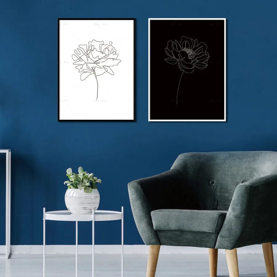Настенные художественные плакаты в скандинавском стиле черные Белые пионы цветы