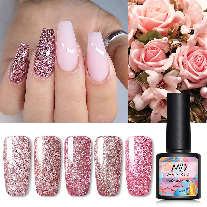 1 бутылка MAD DOLL Блестящие Блестки УФ гель для ногтей розовое золото лак длительное