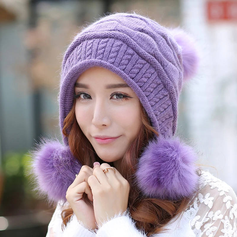Зимняя вязаная двухслойная плотная теплая шапочка женские милые меховые шапочки