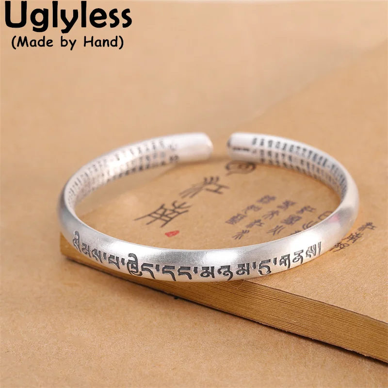 

Uglyless Tibetan 6 Words Mantra Bangles for Women 999 Full Silver Heart Sutra Bangles for Female Buddhists Thai Silver Jewelry