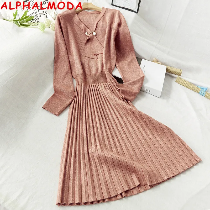 ALPHALMODA 2019 осень новое блестящее платье жемчужная брошь воротник бант