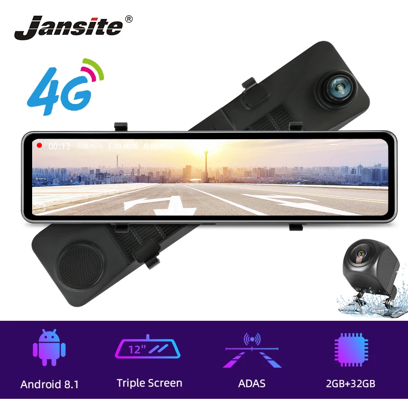 Зеркало видеорегистратор Jansite 12 дюймов 2 + 32 ГБ IPS 4G Wi Fi Bluetooth|Видеорегистраторы| |