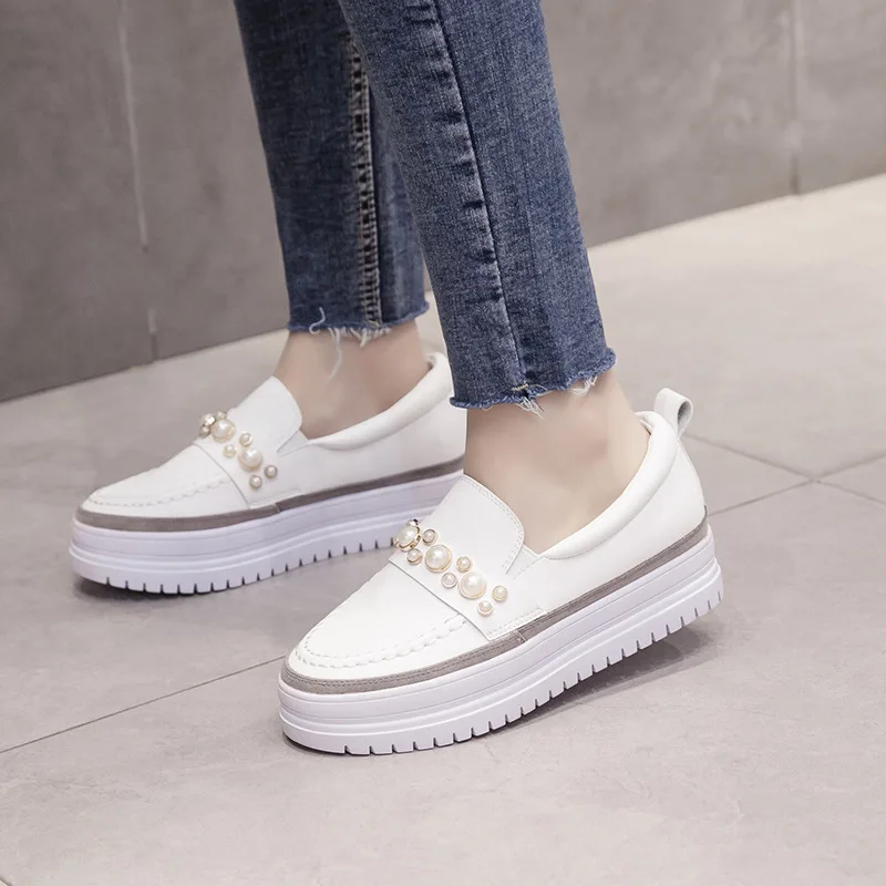 autumn women flat platform shoes new preppy style pearl sewing creeper muffins lazy microfiber slip on anti-skid loafers female | Обувь