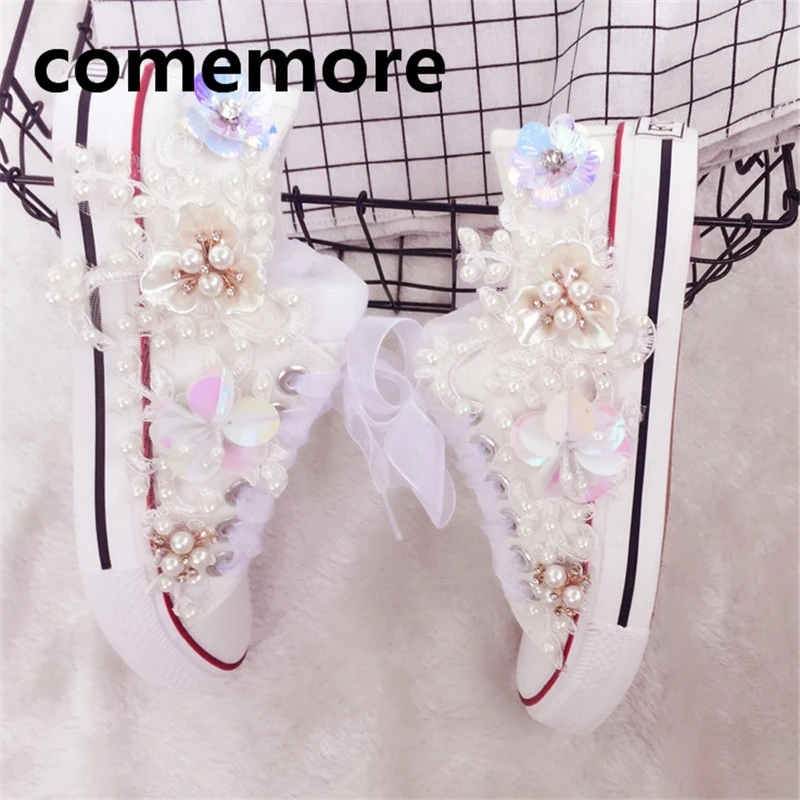 

Outdoor soft bottom new European station rhinestone pearl hand stitching beaded lace low cut flat handmade canvas shoes