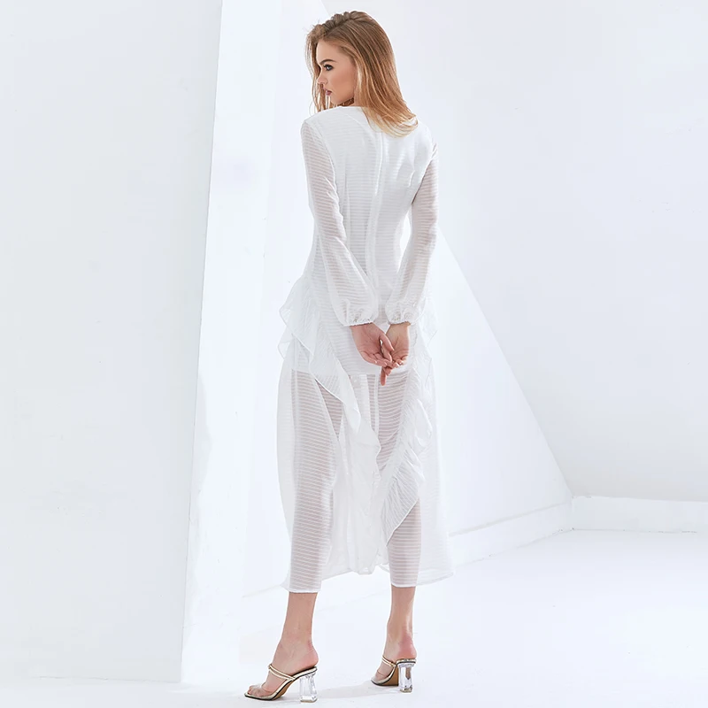 

TWOTWINSTYLE Sexy Party Perspective Dress For Women V Neck Long Sleeve High Waist Slim Ruffle White Mesh Dresses 2021 New