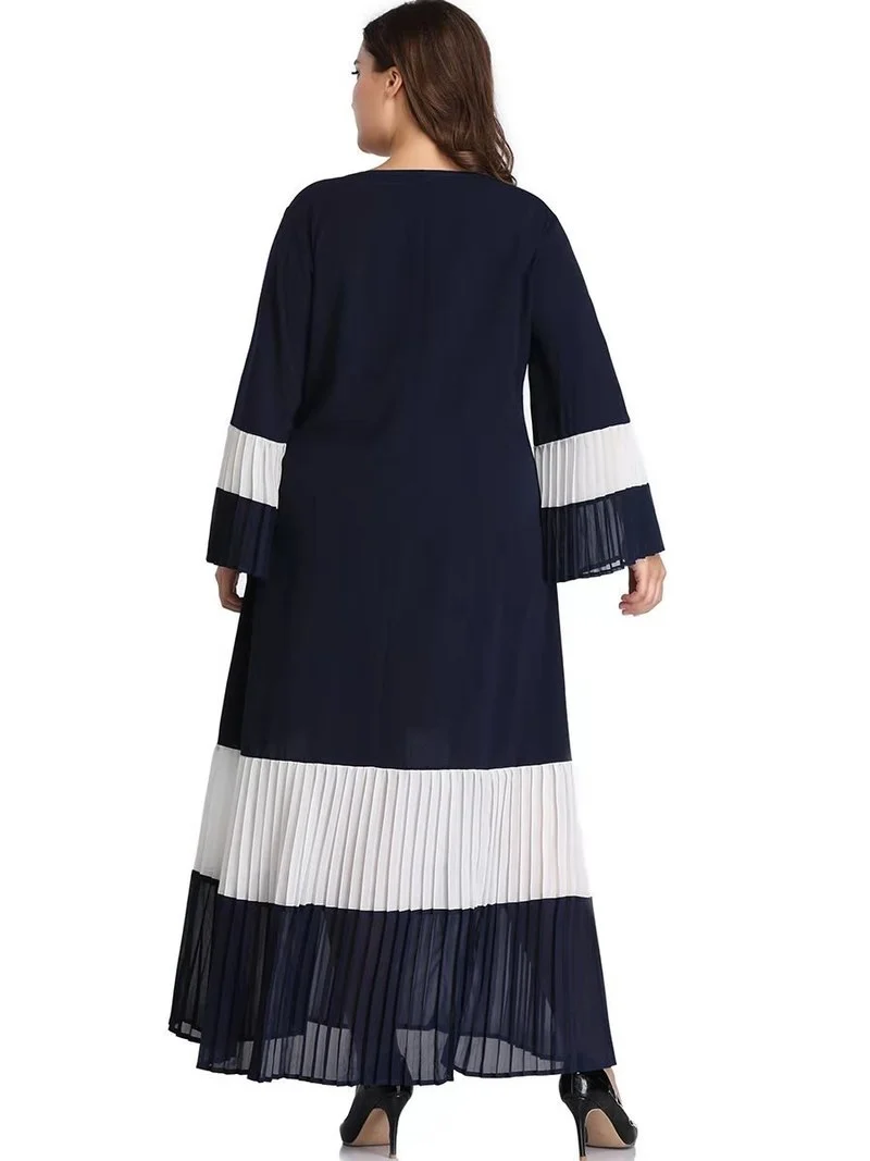 

2021 Plus Size Casual Dress Stitching Contrast Blue and White Color Matching Pleated Skirt Women's Clothing A267