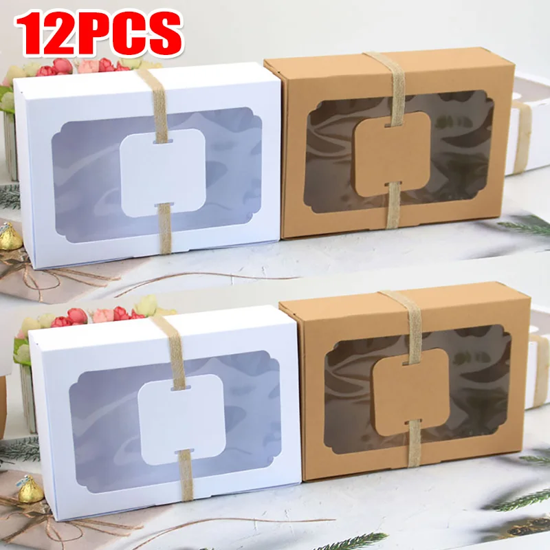 

12PCS Kraft Paper Gift Packaging Box with Rope Rectangle PVC Window Dessert Case Bread Shop Cookies Biscuit Candy Gift Boxes