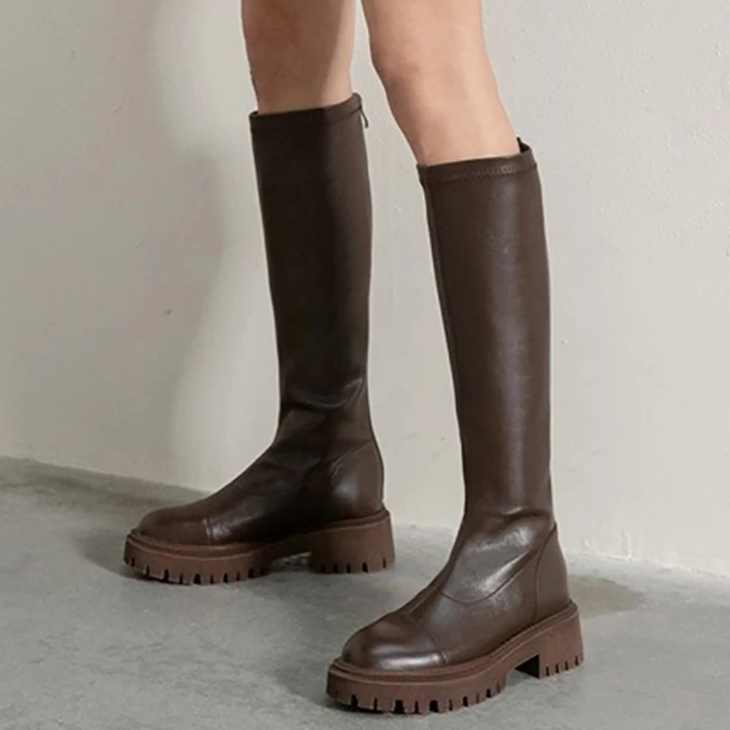 

Knee High Boots Women Autumn Winter Round Toe PU Leather Shoes Chunky Heels Long Boots Breathable Black Platform Shoes Female