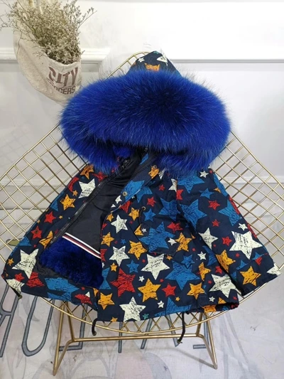 Star Royal Blue Fur Children Winter Jacket Graffiti Boys Girls Real Fur Coat Thick Warm Rabbit Fur Kids Jacket Coat Furry Natural Fur Collar TZ428 - Цвет: Star Royal Blue Fur