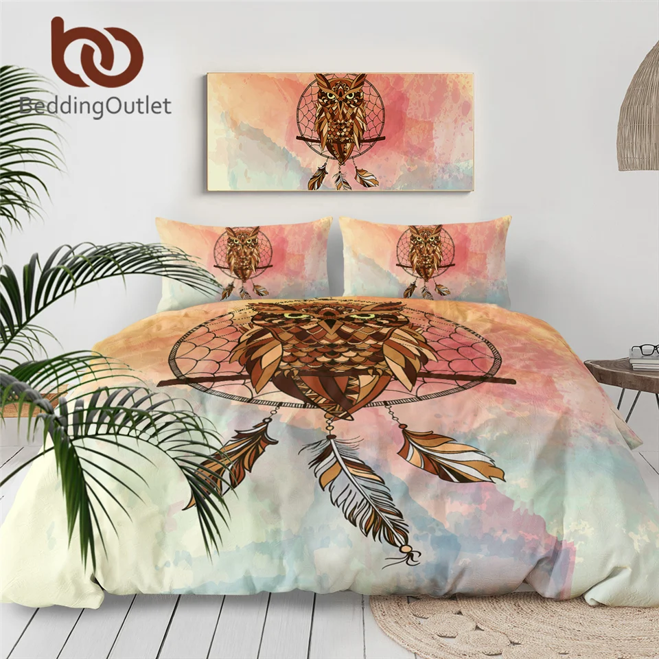 Комплект постельного белья в стиле бохо с рисунком совы пододеяльник наволочкой