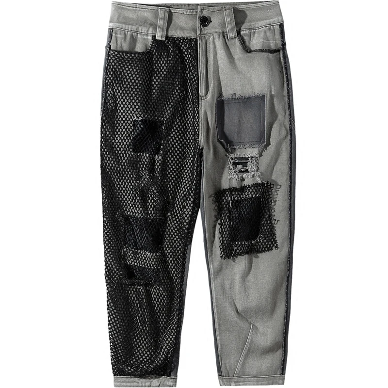 

Spring Autumn Streetwear Women High Waist Sexy Splice Holes Beggar Jeans Loose Calf-Length Denim Harem Pants Trousers Plus Size