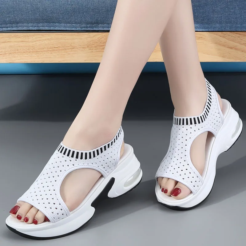 

WDZKN Fashion Flying Weaving Air Mesh Platform Sandals Women Open Toe Slip On Wedges Heel Casual Sandals Summer Student Sneakers