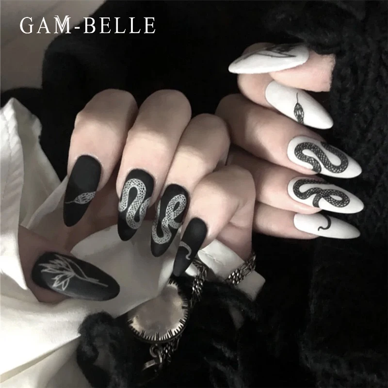 

GAM-BELLE, 24 шт./компл., в стиле панк, со змеиным узором, накладные ногти, черно-белые, готические, полностью накладные, искусственные ногти для нар...