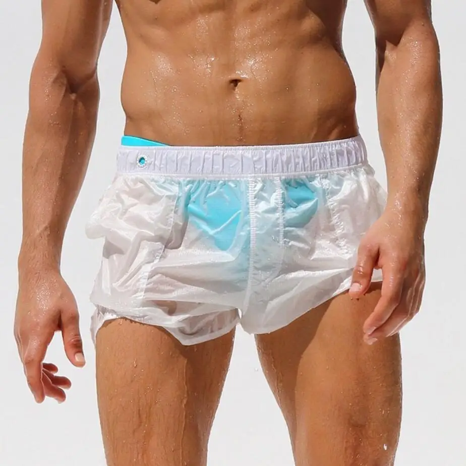 Новые белые прозрачные пляжные шорты мужские плавки для геев maillot de bain homme быстрый