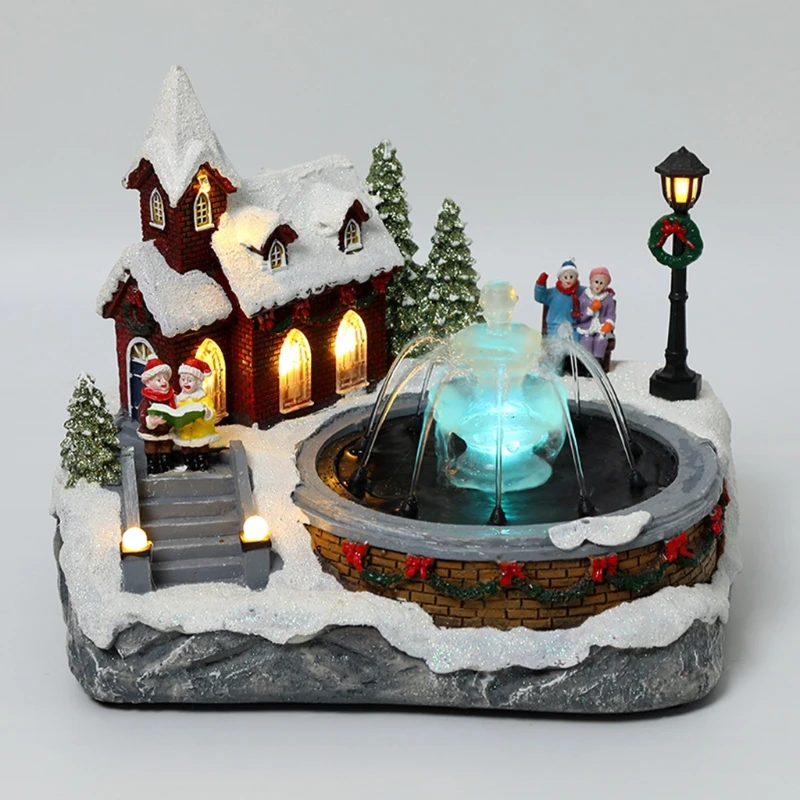 

Christmas Village Scene Ornament Colorful LED Lighted Resin Snow House Music Water Fountain Animated Statues Figurine Home