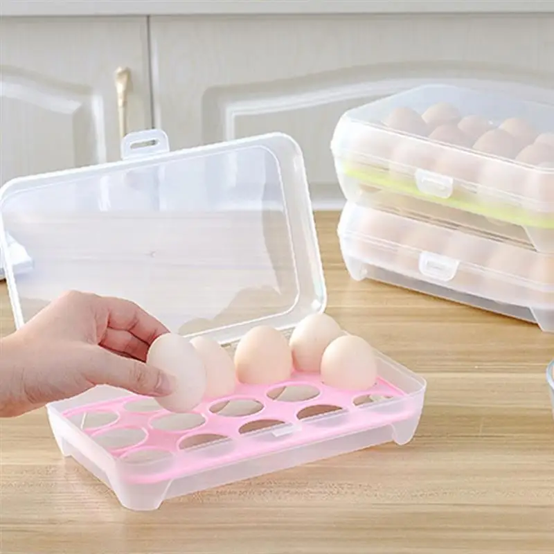 

2021 New Egg Holder PP Refrigerator 15 Grids Eggs Tray Box with Lid Clear Stackable Plastic Storage Kitchen Container