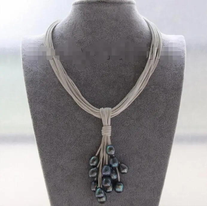 

Чокер 16 "15 ряд 14 мм павлин черный жемчуг белый кожаный кулон ожерелье Благородный стиль