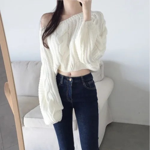 white pullover Neploe Pull Femme свободная короткая перекрестная вязка Топы Женские однотонные цветной фонарь свитер с длинными рукавами женские корейские модные новые уличные - Цвет: white pullover