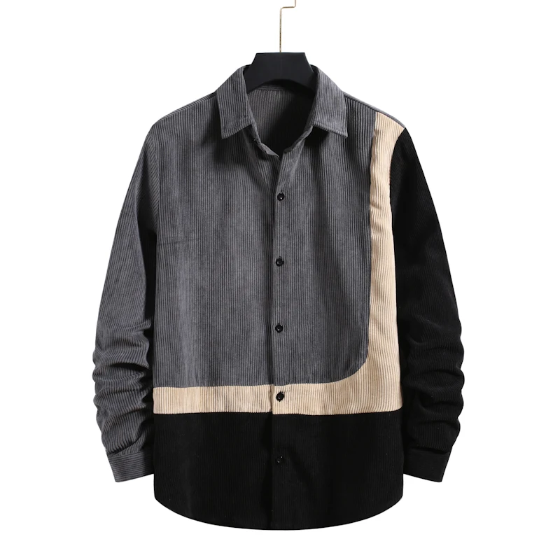 

Wholesale Men Fashion Streetwear 2 Color Patchwork Button Down Flannel Long Sleeve Shirt