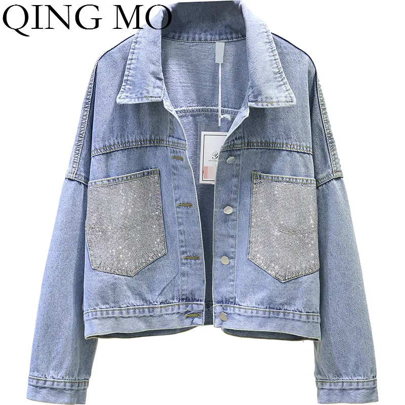 Цин MO джинсовая куртка Для женщин Однобортный джинсы Стразы женский жакет