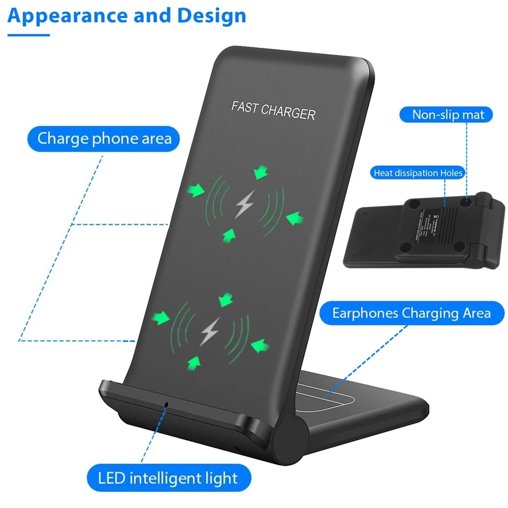 20w qi wireless charger stand 2 in 1 fast charging station for iphone 13 12 11 xs xr x 8 airpods pro samsung s21 s20 s10 buds free global shipping