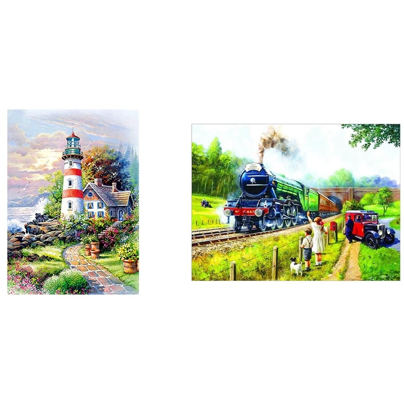 

2 Set 5D Diamond Painting Cross Stitch Home Decoration, Beach White Lighthouse & Moving Train