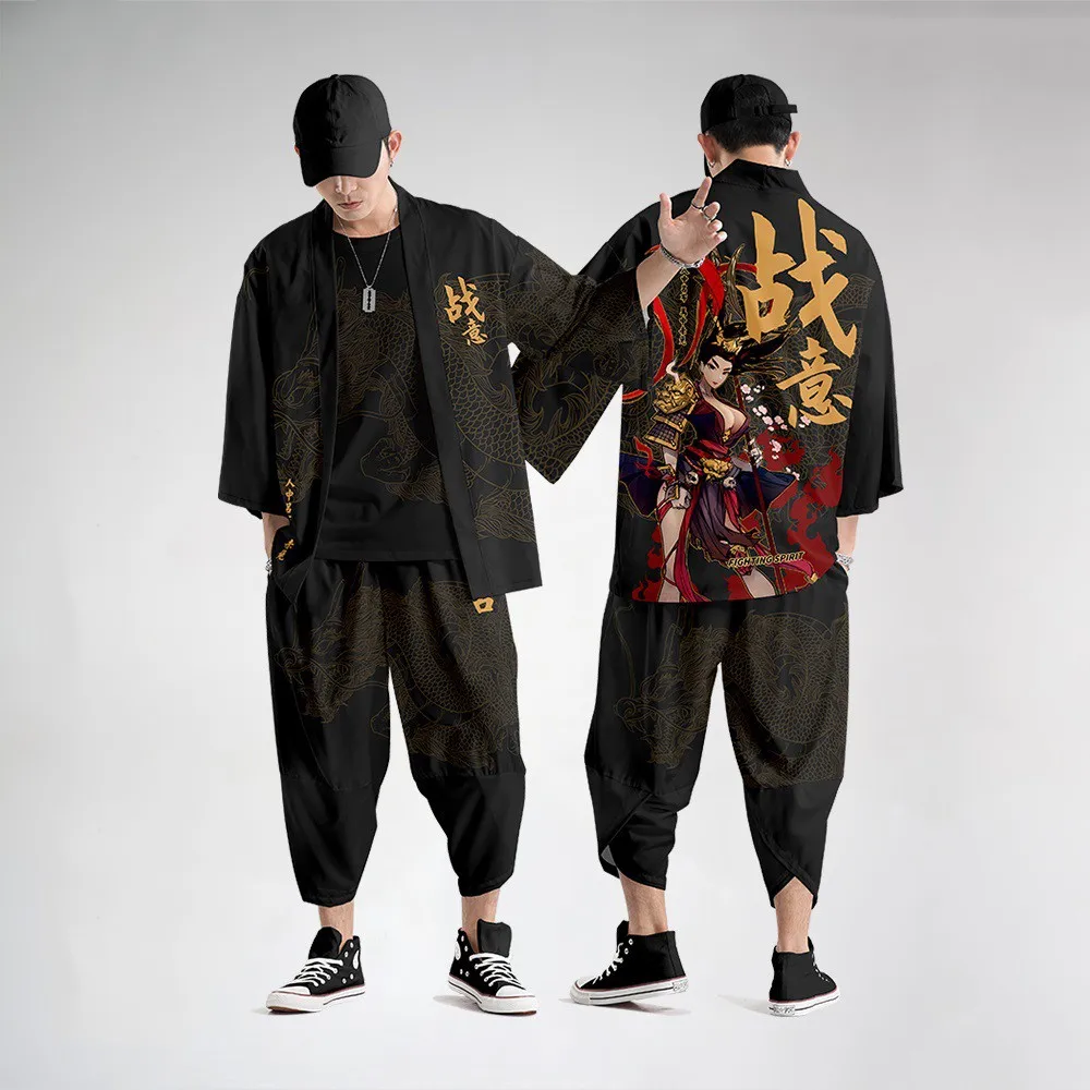 Chinese Style Print Men Kimono Cardigan Set Plus Size Male Yukata Samurai Clothing Casual Loose Streetwear Jacket Pant Suit 6XL