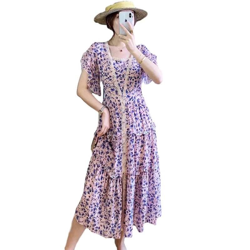 

Pure Silk Dress Women 100% Silk Elegant Vintage Mid-Calf Floral Empire O-Neck Dresses