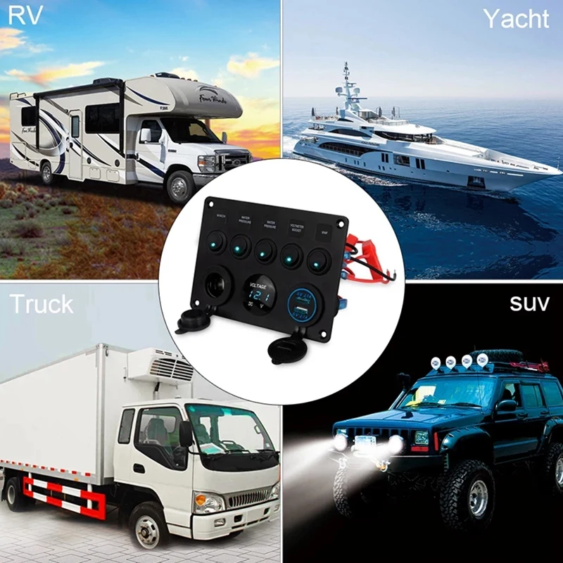 

Marine Boat Switch Panel 12V 24V Gang Waterproof On-Off Toggle Panel Switch USB Charger Socket Voltmeter Power Outlet