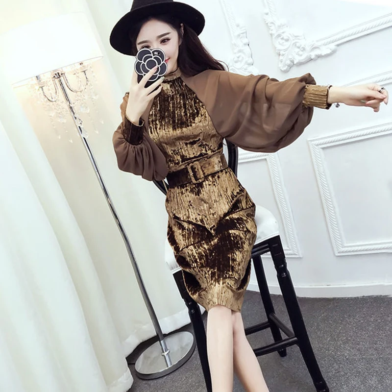 

New autumn stitching mid-long sleeve long skirt fashion retro A-line dress women's Lantern Sleeve temperament dress SS704