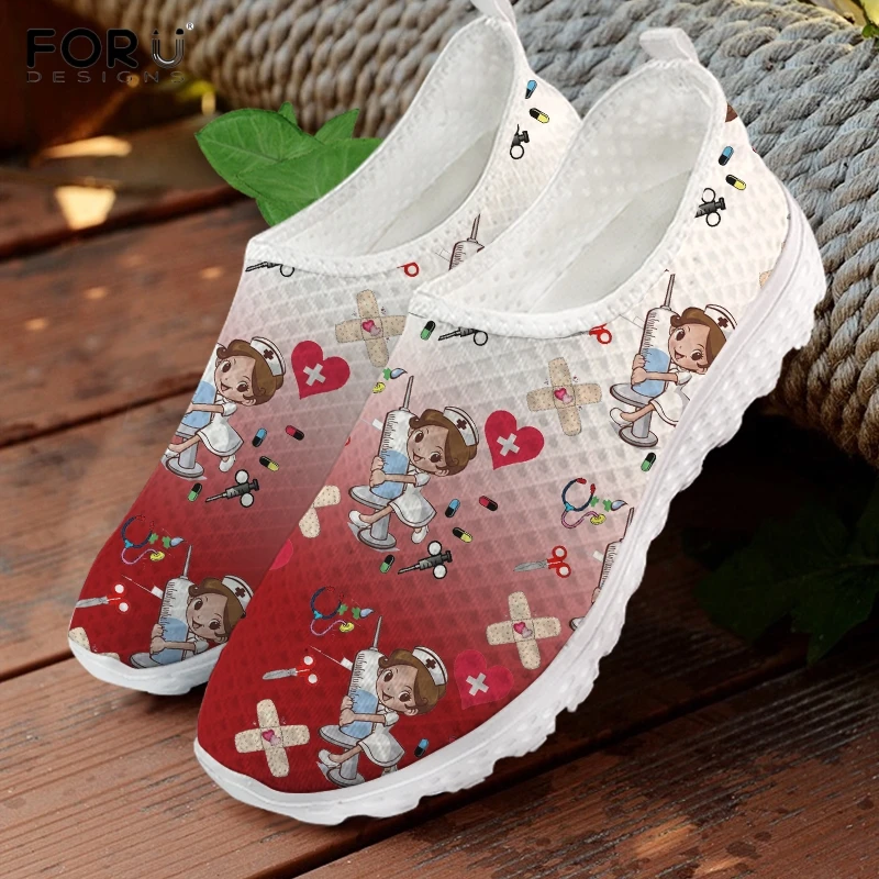 

FORUDESIGNS Casual Summer Ladies Slip On Sneakers Lovely Cartoon Nurse Pattern Flats Shoes Red and White Gradient Women Footwear